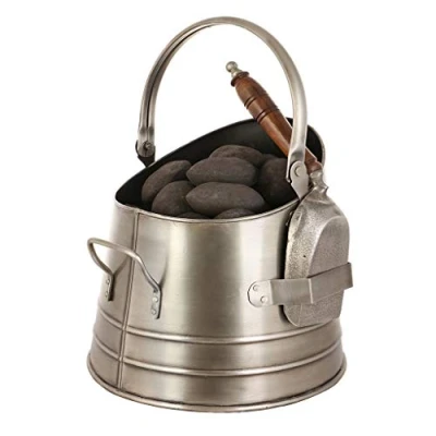 Image of Coal Scuttle Silver Finish Metal Fireside Bucket &amp; Shovel Firepalce Kindling Log Basket