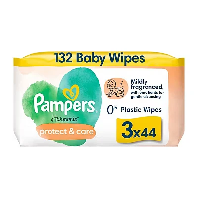 Image of Pampers Harmonie Protect &amp; Care Wipes Plastic Free 3 Packs = 132