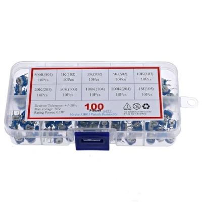 Image of DollaTek 100PCS 10 Values (500 1M ohm) RM065 Preset Carbon Film Horizontal Trimpot Potentiometer Assortment Kit With Storage Box