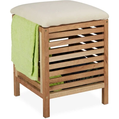 Image of Relaxdays Storage Stool, Walnut &amp; Fabric, 35 l Laundry Basket with Seat, Towels Blankets, HxWxD: 51x39x39 cm, Natural