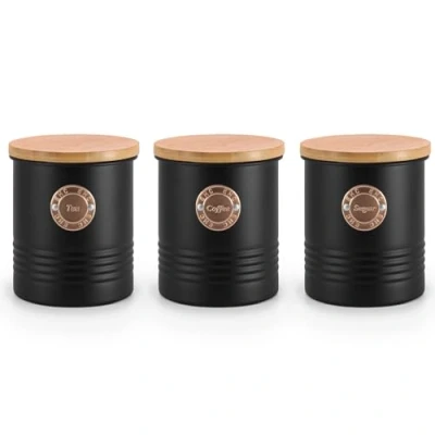 Image of EHC Tea Coffee Sugar Cainsters Set Black, Airtight Container Jars Kitchen Storage Tin, of 3, Black