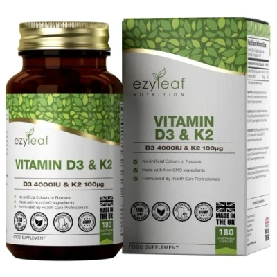 Image of Ezyleaf Vitamin D3 4000iu &amp; K2 100μg Capsules 180 D High Strength MK7 Supplement 100mcg Clean Fillers, Non GMO Gluten Allergen Free Made in UK