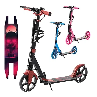 Image of Arebos Cityroller Scooter with LED Red Height Adjustable Foldable Includes Carry Strap Hand &amp; Pedal Brake for Children and Adults Maximum Load 100 kg