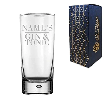 Image of Personalised Engraved Novelty Bubble Hiball Tumbler Name&#039;s Gin and Tonic Gift Boxed, Weighted Glass, in The UK, for Her, Holds Up to 13oz/384ml