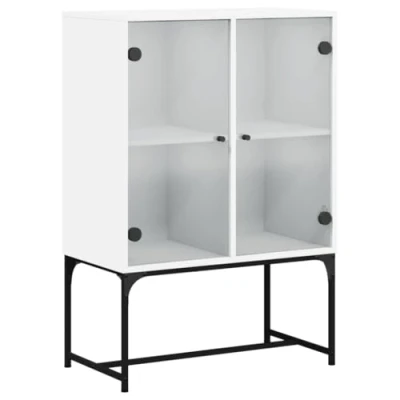Image of vidaXL White Side Cabinet with Glass Doors Engineered Wood Display Cupboard for Living Room/Office Storage, 69x37x100 cm, Max Load 60 kg