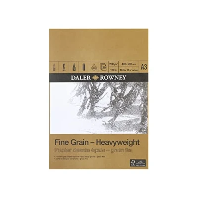 Image of Daler Rowney Fine Grain Lightly Textured Heavyweight 200gsm A3 Drawing Paper Pad, Glued 1 Side, Acid free, 30 White Sheets, Ideal for Professional Artists &amp; Students