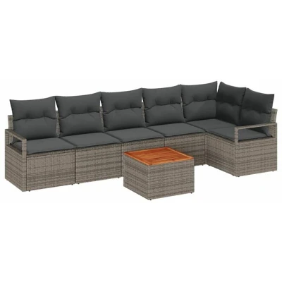 Image of vidaXL 7 Piece Garden Sofa Set with Cushions Grey Poly Rattan Acacia