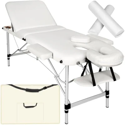 Image of TecTake® Portable Massage Table, Height Adjustable Aluminum Frame with Protective Caps, Quality Foam Padding, Durable PVC Cover, Includes Bolster Roll Set and Storage Bag, Salon Beauty Bed white