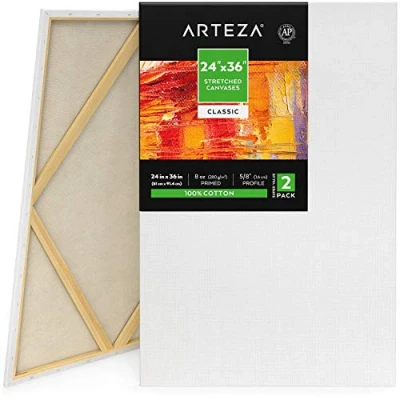 Image of Arteza Stretched Canvas for Painting, Pack of 2, 61 x 91.4 cm, 8 oz Gesso Primed 100% Cotton Large Canvases Acrylic Painting and Pouring, White