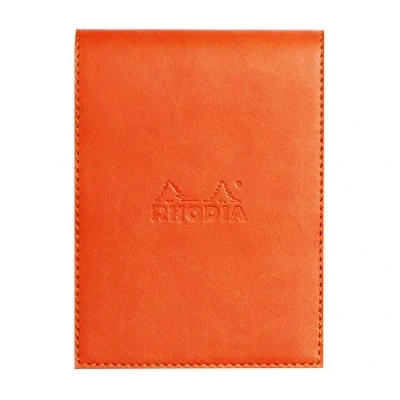 Image of RHODIA 128214C Clipboard Case + Stapled Notepad N12 Tangerine 8.5x12 cm Lined 80 Detachable Sheets 80G White Clairefontaine Paper Pencil Holder Faux Leather Rhodiarama Collection