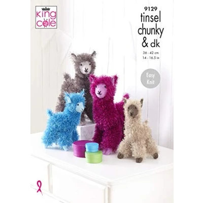 Image of King Cole Tinsel Chunky &amp; DK Knitting Pattern Easy Knit Small or Large Alpaca Toy (9129)