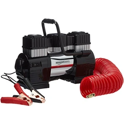 Image of Amazon Basics Portable Digital Air Compressor, Dual Battery Clamps with Carrying Case, Black/Red