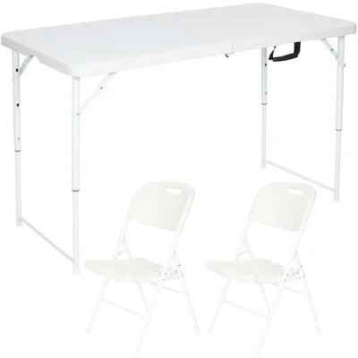Image of Nyxi 3 Piece Folding Set 4ft White Table with Adjustable Height &amp; 2 Premium Chairs Waterproof, Heavy Duty, Portable Ideal for Garden, Camping, BBQs, Events Indoor Use