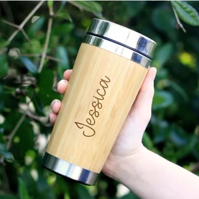 Image of eBuyGB Bamboo Travel Cup with Personalised Name, Eco Friendly, 500ml Insulated Drinks Mug, Laser Engraved Coffee Tea Mug