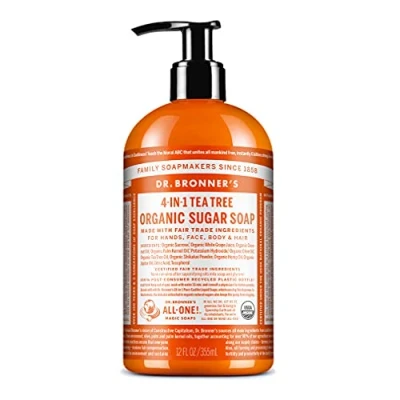 Image of Dr Bronner’s 4 in 1 Organic Tea Tree Sugar Soap, Made with Oils, and Shikakai Powder, For Hands, Body, Face &amp; Hair, Fair Trade Certified Vegan Friendly, 335ml Recycled Pump Bottle
