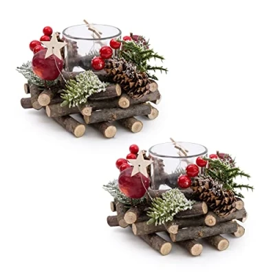 Image of Set Of 2 Christmas Tealight Candle Holder Berry &amp; Pinecone Table Centrepiece Decorations Wreath Tea Light For Dining