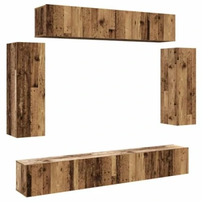 Image of vidaXL 6 Piece Wall mounted TV Cabinet Set Old Wood Finish Engineered Ample Storage Space Saving Living Room Decor Modern Style Multiple