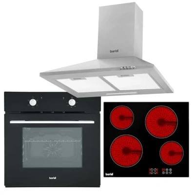Image of Baridi 4 Zone Ceramic Hob, 5 Function Fan Assisted Oven &amp; Chimney Style Cooker Hood Bundle DH185