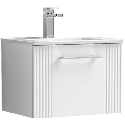 Image of nuie Modern Bathroom Wall Hung 1 Drawer Part Fluted Vanity Unit with Minimalist Ceramic Basin, Satin White, 500mm