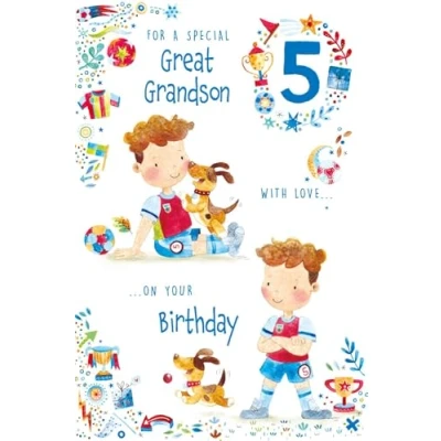 Image of Paper Rose Special Great Grandson 5th Birthday Card Age 5 Cute Boy playing Ball with a Dog &amp; football Design Foil Details Eco Friendly and Recyclable