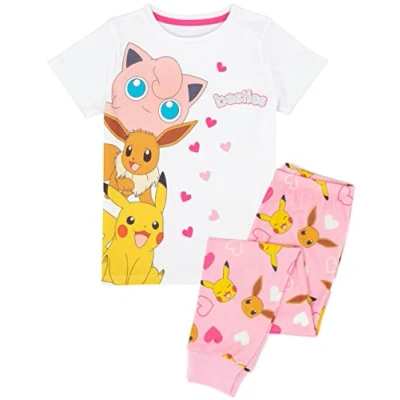Image of Pokemon Pyjamas Girls Kids Besties Character T Shirt Trousers Pjs Set 7 8 years White