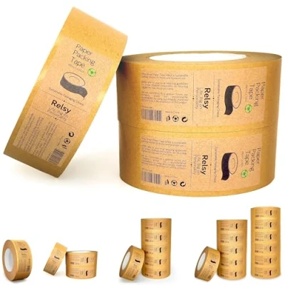 Image of Relsy Paper Brown Packing Tape, 48mm x 66m, Eco Kraft Packaging Tape Heavy Duty Recyclable Parcel Pack of 3