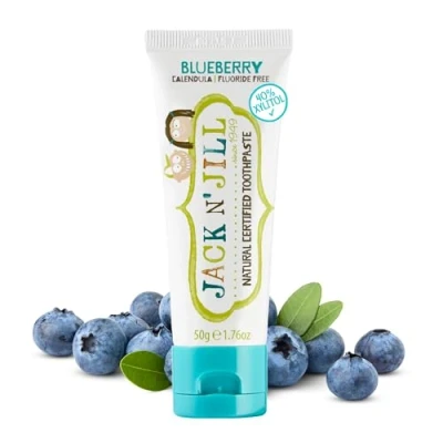 Image of Jack N&#039; Jill Natural Certified Toothpaste Baby &amp; Toddler Toothpaste, Fluoride Free, 40% Xylitol, Sugar Safe for 6 Months and Up, Makes Tooth Brushing Fun, Organic Blueberry Flavour, 1 x 50g