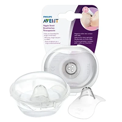 Image of Philips Avent Nipple Shields to Support Breastfeeding, Easy Latch On and Protects Sore, Cracked Nipples, Pack of 2, Medium (21mm), Includes Travel Case SCF153/03, Transparent, 2 Count (Pack 1)