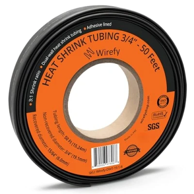 Image of Wirefy 3/4&quot; Heat Shrink Tubing Large Diameter 3:1 Ratio Adhesive Lined Industrial Black 50 Feet Roll