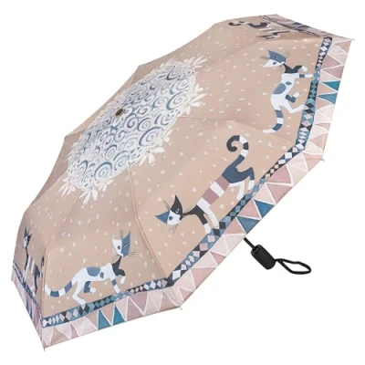 Image of VON LILIENFELD® Rosina Wachtmeister Automatic Opening Windproof Folding Pocket Umbrella Brunello Mini Cat Art, Brown, 50/90, Classic