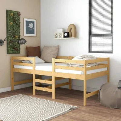 Image of vidaXL Solid Pinewood Bed Frame, Mid Sleeper Design with Built In Ladder, Guardrails, and Plywood Slats Support, Ample Floor Space, Suitable for Mattress Size 90x200cm, Rustic Brown.