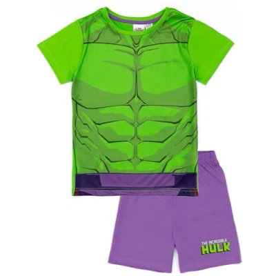 Image of Marvel Hulk Boys Pyjama Set Kids Incredible T Shirt and Shorts PJs Bundle Mighty Green Purple Loungewear Costume Superhero Complete Pajamas for Children Cosy Nightwear