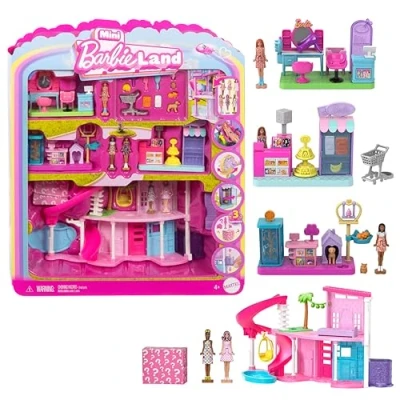 Image of Barbie Mini Land DreamHouse &amp; 3 Playsets with 4 1.5 Inch Dolls, Doll House Furniture Accessories, Includes Pet Boutique, Hair Salon, SuperMarket, JGL31