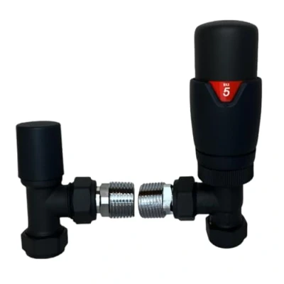 Image of Greenedhouse ZZ 1001 / 2063 B Oslo Angled Designer TRV Thermostatic Radiator &amp; Towel Rail Valve, Matt Black