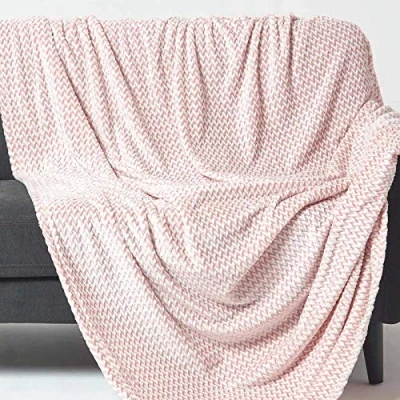 Image of HOMESCAPES Pastel Pink Velvet Throw 130 x 160 cm Soft ‘Mora’ Faux Fur Blanket Jacquard Chambray Weave Bed Sofa for Single Beds and Armchairs