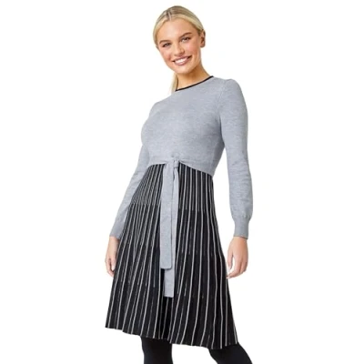 Image of Roman Petite Knitted Fit &amp; Flare Dress for Women UK Ladies Everyday Autumn Winter Round Neckline Comfy Soft Evening Vacation Work Party Night Out Grey Size 16