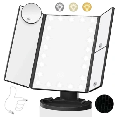 Image of HIYAA Lighted Makeup Mirror with 22 LED Lights, Dual Power Supply 1x/2x/3x/10x Magnifying Touch Screen Dimmable Mirror, 180 Degree Adjustable Angle, Travel Cosmetic Black