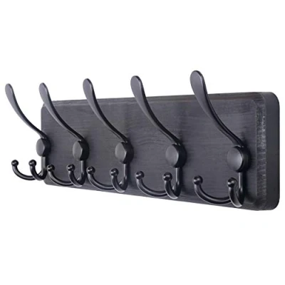 Image of SKOLOO Coat Rack Wall Mounted Wooden, Heavy Duty, Rustic Hooks for Wall, 16&#039;&#039; Hole to Hole, with 5 Triple Hanging Clothes, Jacket, Hat(Black)