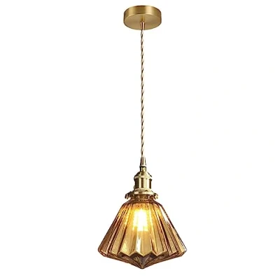 Image of Industrial Vintage Pendant Light with Diamond Glass Lamp Shade, Brass E27 Loft Bar Ceiling Hanging Lamp, Dining Room Kitchen Island Chandelier (Amber)