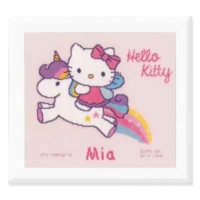 Image of Vervaco Counted Cross Stitch: Birth Record: Kitty and Unicorn, NA, 28 x 25cm