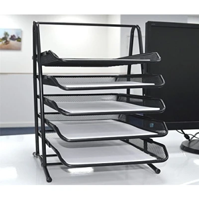 Image of 5 Tier Office Filing Trays Holder A4 Document Letter Paper Wire Mesh Storage Organizer/Document Tray Black or Silver … (Black)
