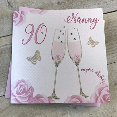 Image of Happy 90th Birthday Card Nanny Champagne Glasses Pink Roses by White Cotton Cards SS42 NNY90