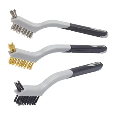 Image of Fit for The Job 3 piece Multi Purpose Soft Grip Mini Wire Brush Set Nylon, Brass &amp; Steel Brushes Paint Grime Removal, Cleaning Rust, Grills, Tiles, Wood, Metal, Brick, Welding Slag