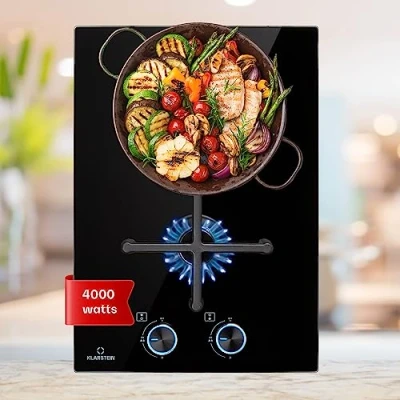 Image of Klarstein Gas Cooker, 2 Burners Hob, 4000W Built In Two Ring Campervan Cooktops Cookers, Stainless Steel Glass Top Wok Burner, Kitchen Stoves Cooker Units