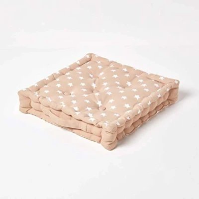 Image of HOMESCAPES Star Beige 100% Cotton Floor Cushion White 40 x 8 cm Square Indoor Garden Dining Chair Booster Seat Pad Cushion.