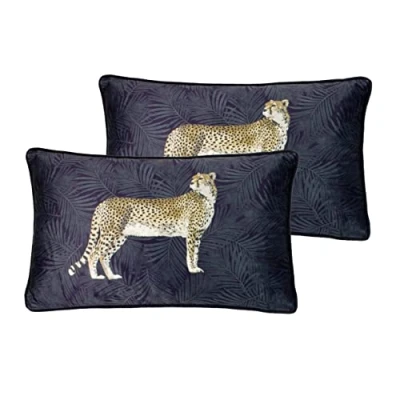 Image of Paoletti Cheetah Forest Polyester Filled Cushions (Twin Pack), Navy, 30 x 50cm