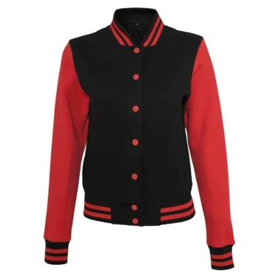 Image of Build Your Brand Women&#039;s Ladies Sweat College Jacket Varsity, Black/Red, M