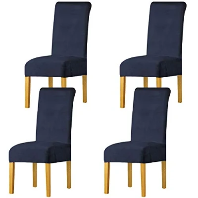 Image of LANSHENG Stretchy Chair Covers for Dining Room Chairs,Stretch Spandex with Elastic Band Chaircover,Velvet Large Slipcovers Restaurant Hotel Party Banquet (Navy,4 Pack(M))