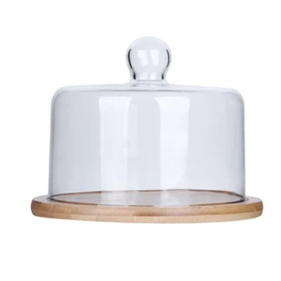Image of ‎Housoutil Cake Stand with Glass Dome Lid, Acacia Wood Plate Cover, Wooden Display for Birthday, Wedding, Party(Dome Diameter:7.07inch)