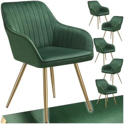 Image of TecTake® Set of 6 Dining Chairs with Quilted, Velvet Look Covers, Armchair Continuous Backrests, Gold Steel Legs &amp; Soft Padding, Ideal as Room, Kitchen Desk Dark Green/Gold